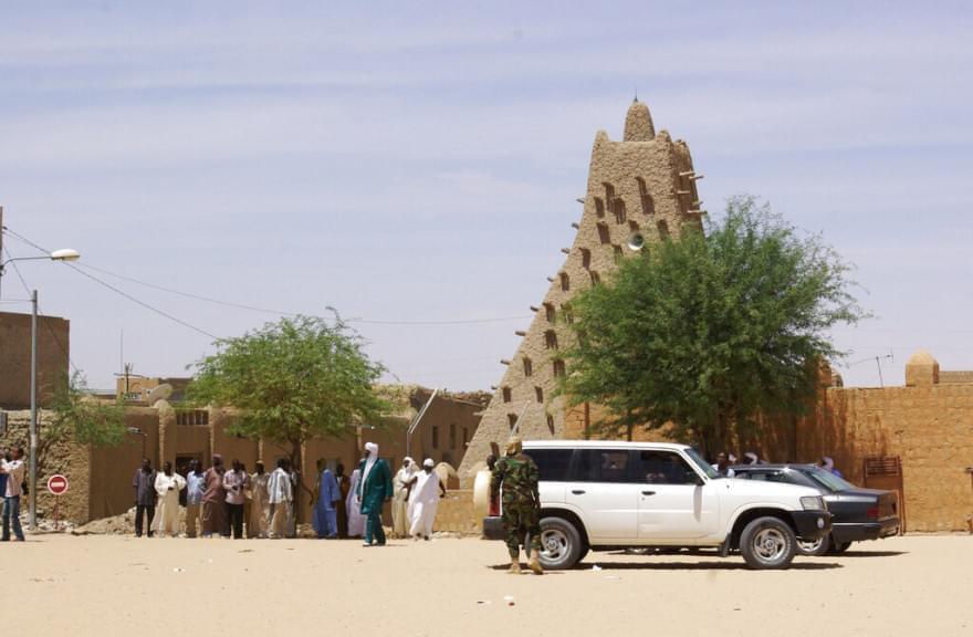 Sankore Mosque, a UNESCO World Heritage site, built in the 14th century in the African country of Mali.