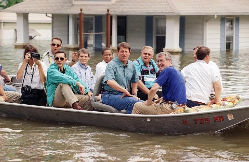 Flooding has been a longstanding problem in Grafton, Illinois. In this file photo from 1993, U.S. Vice President Al Gore, center, Illinois Gov. Jim Edgar, right, with glasses, and Illinois Sen. Carol Moseley-Braun, left, of Gore, listen as Grafton Mayor Gerrald Nairn, seated next to Gore, talk about the town’s flooding problems as they ride a boat down Main Street.