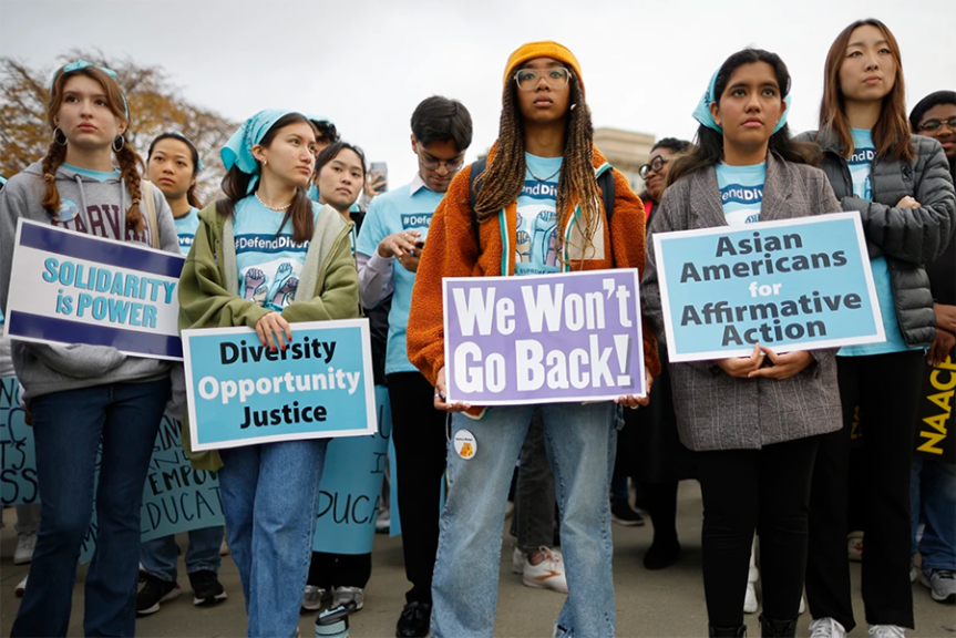 Proponents of affirmative action in higher education rally in front of the Supreme Court in October.