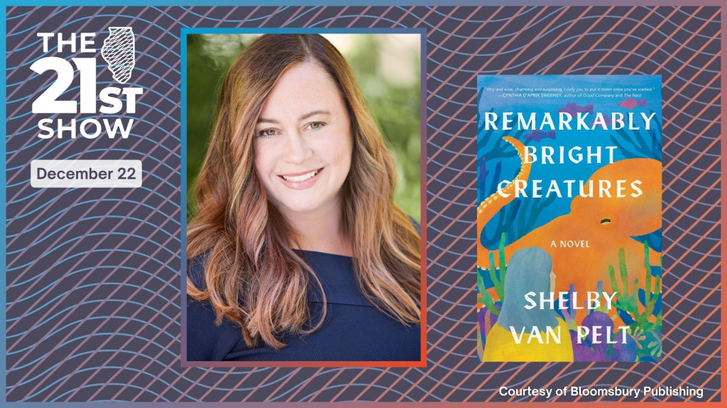 A collage that includes a photo of author Shelby Van Pelt (a white woman with brown hair, wearing a navy blue outfit), and the cover of the book (which features a watercolor painting of bright orange octopus on the ocean floor)