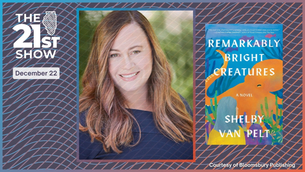 A collage that includes a photo of author Shelby Van Pelt (a white woman with brown hair, wearing a navy blue outfit), and the cover of the book (which features a watercolor painting of bright orange octopus on the ocean floor)