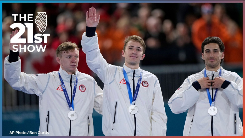Team USA with Ethan Cepuran, Casey Dawson, Emery Lehman, celebrate winning the silver medal on the podium of the men's team pursuit speedskating race at the 2026 Winter Olympics, in Milan, Italy, Tuesday, Feb. 17, 2026