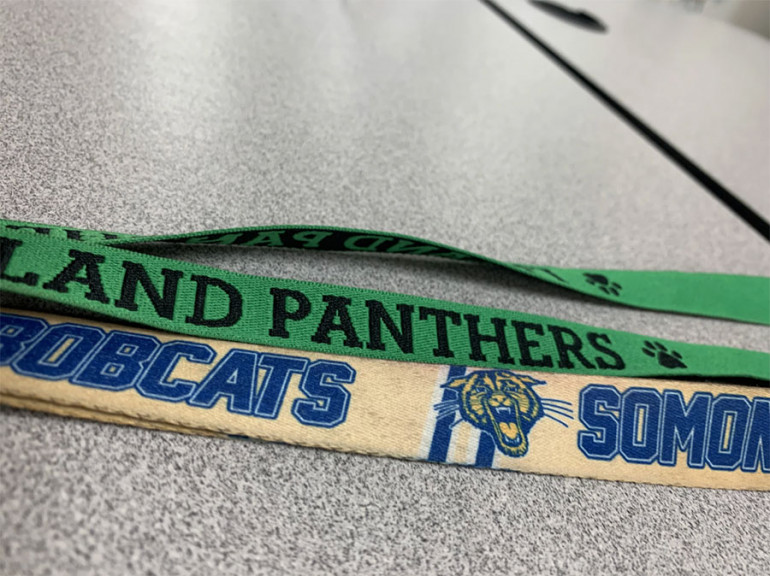 Jennifer Wold, a teacher in LaSalle County, also teaches classes at Somonauk School District and needs two different school lanyards. 