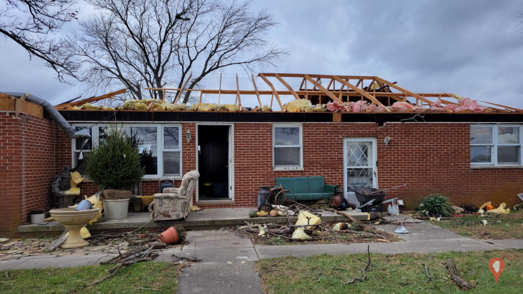 A damaged farmhouse in North Okaw Township, Coles County following storms on December 10, 2021. 