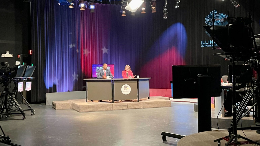 David Palmer and Nikki Budzinski debate at Illinois Public Media studios on May 26, 2022.