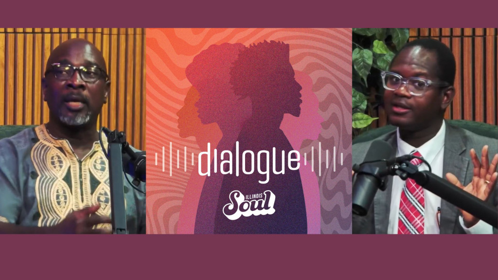 Two men speaking on a podcast