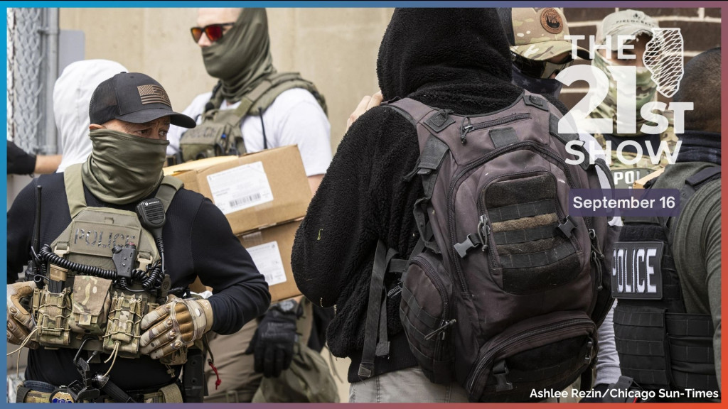 U.S. Immigration and Customs Enforcement agents escort someone inside the agency’s processing center in Broadview as protesters yell and chant “quit your job” and “shame on you” on Sept. 5