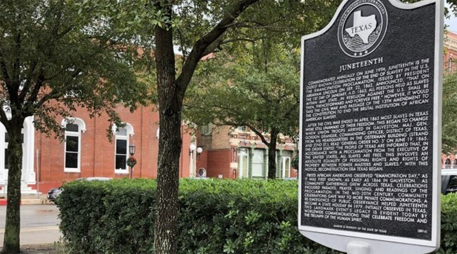 A state marker in Galveston, Texas, notes where Union army general Gordon Granger read federal orders on June 19, 1865 proclaiming that all enslaved persons in the state of Texas were now free.