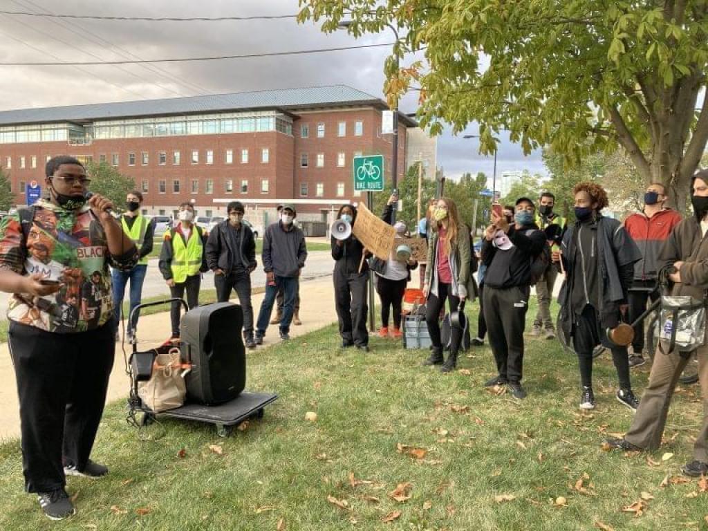 University of Illinois senior Latrel Crawford speaks during a protest to defund and abolition University of Illinois Police on the Urbana campus on Oct 1, 2020.