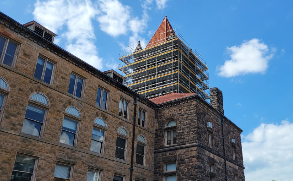 Scaffolding surrounds the tower at the University of Illinois' Altgeld Hall, which holds the Altgeld Chimes.