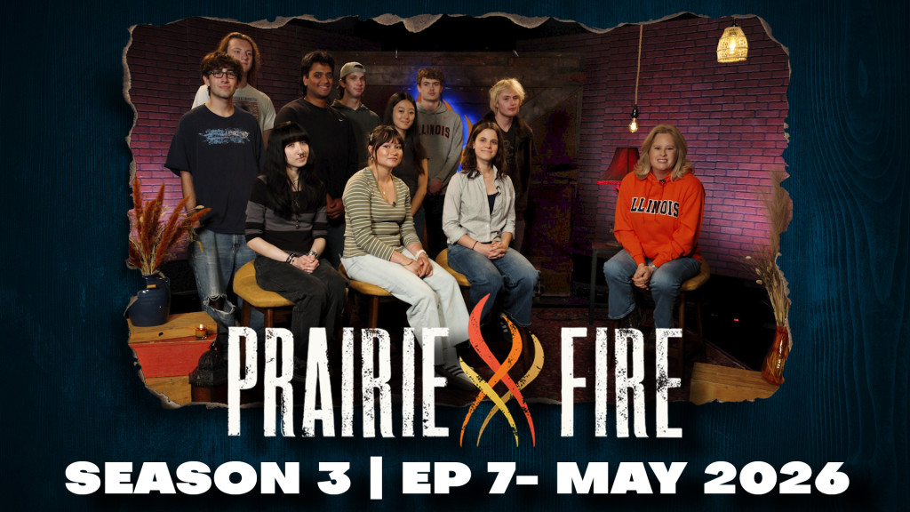 Picture of students sitting on a set with Prairie Fire logo in foreground  
