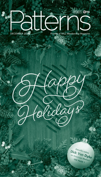 Green cover with Happy Holidays text nestled within branches of a tree with pinecones. One ornament in the corner says Danvile native Dick Van Dyke on American Masters. See page 1.