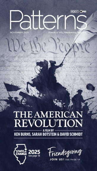 A graphic illustrating The American Revolution documentary with text that says The American Revolution, A film by Ken Burns, Sarah Botstein, and David Schmidt. Also see page 18 for the new State of Change episode. And see page 19 for Friendsgiving.