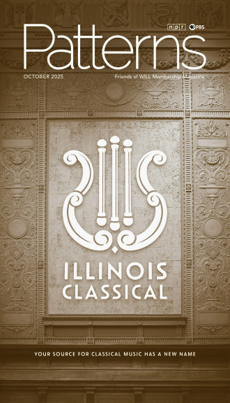 A decorative harp is main feature in the new logo for Illinois Classical with text that reads YOUR SOURCE FOR CLASSICAL MUSIC HAS A NEW NAME.