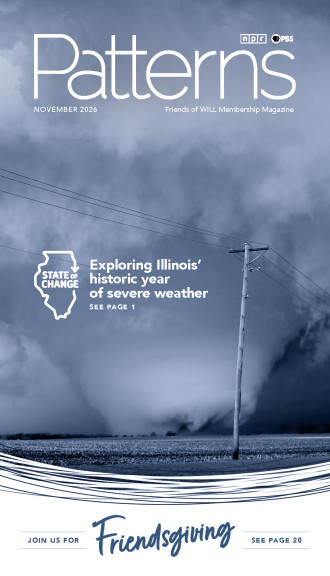 A poto of a tornado reaching toward the ground with the State of Change logo and text that reads Exploring Illinois' historic year of severe weather. See page 1. Text also reads Join us for Friendsgiving. See page 20.