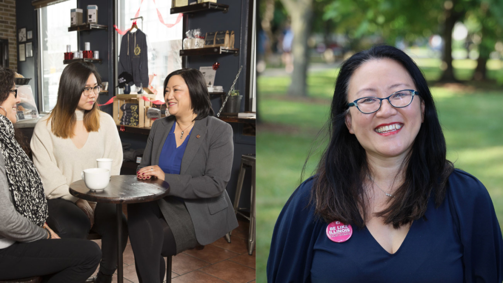 Rep. Theresa Mah (Right-most in left photo) was the first Asian American elected to the Illinois Legislature, and she now leads the state's Asian American Legislative Caucus, which Rep.-Elect Sharon Chung (Right) will be joining in January.