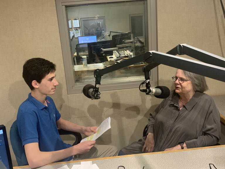 In the IPM recording studios, Sam Bhalerao, a Uni High student, interviews Ann Reisner.
