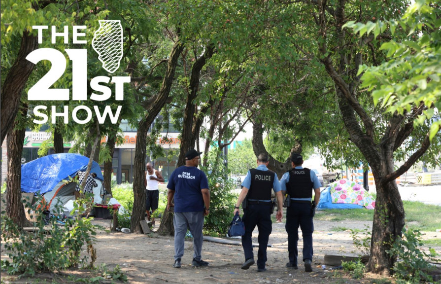 Chicago police officers walk through a homeless encampment in Chicago on Friday, July 12, 2024.