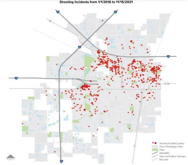 A map of shootings in Champaign from Jan. 1, 2016 to Nov. 15, 2021. It was released in the Community Violence Reduction Blueprint, which was released in February 2022.