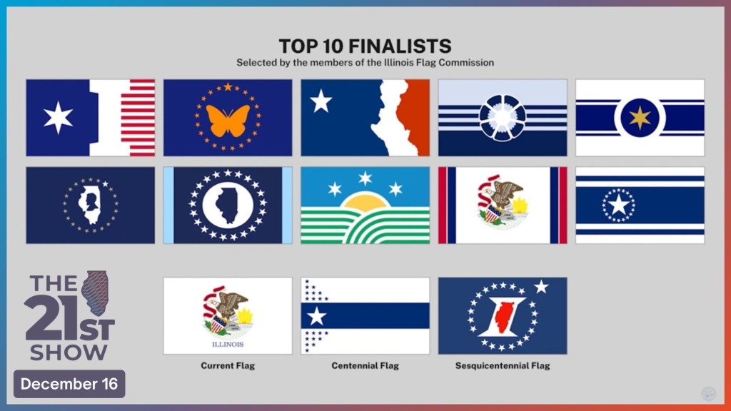 13 flags from Illinois' recent flag design competition. The graphic includes 10 new designs, the current state flag, and two historic designs.