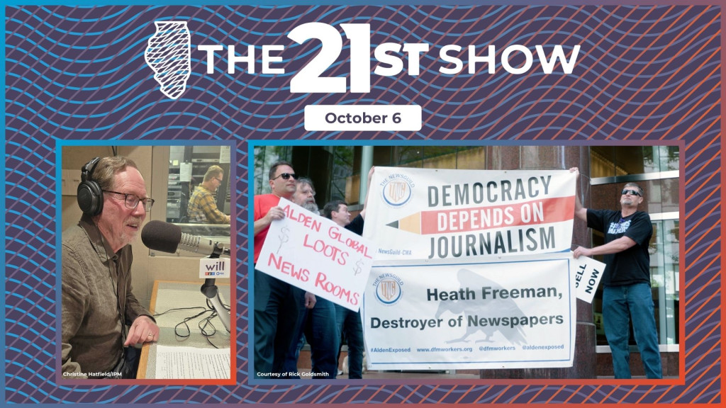 a collage of two images: a man in a brown shirt wearing headphones and speaking into a microphone in a radio studio; and several men from The News Guild labor union demonstrating outside a fancy office building. They're holding up banners that read