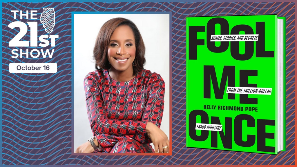 a collage including a picture of a black woman with dark brown hair wearing a dress with an interlocking red and navy pattern; and the cover of