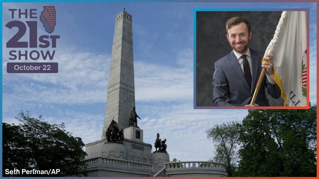 the gray obelisk and statues atop Lincoln's tomb are visible against a mostly clear blue sky; inset: a white man in a suit and tie poses holding a full-size state flag of Illinois, as though he's about to lead a regiment of accountants into a Civil War battle