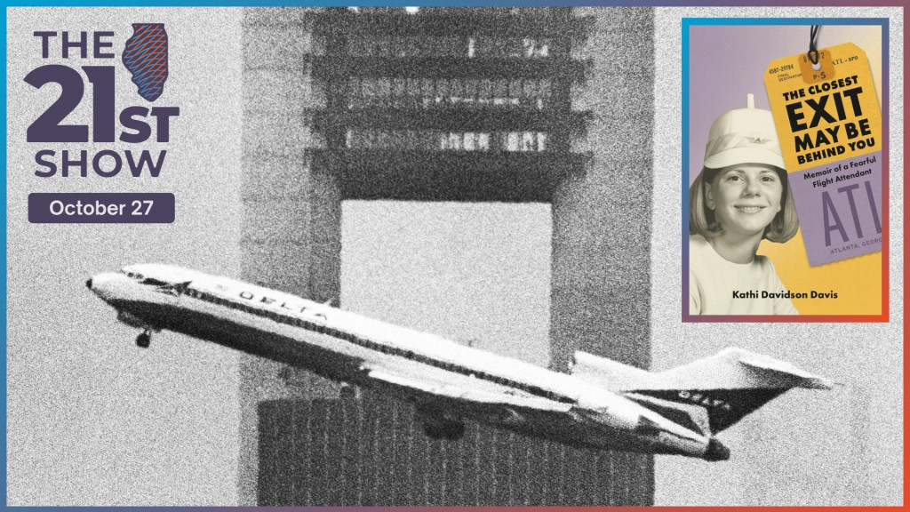 a grainy black-and-white photo of a white airliner taking off with a large cntrol tower in the background: inset: Davis' purple and yellow book cover includes a black-and-white image of her wearing her flight attendant uniform, including a mod cap and dress