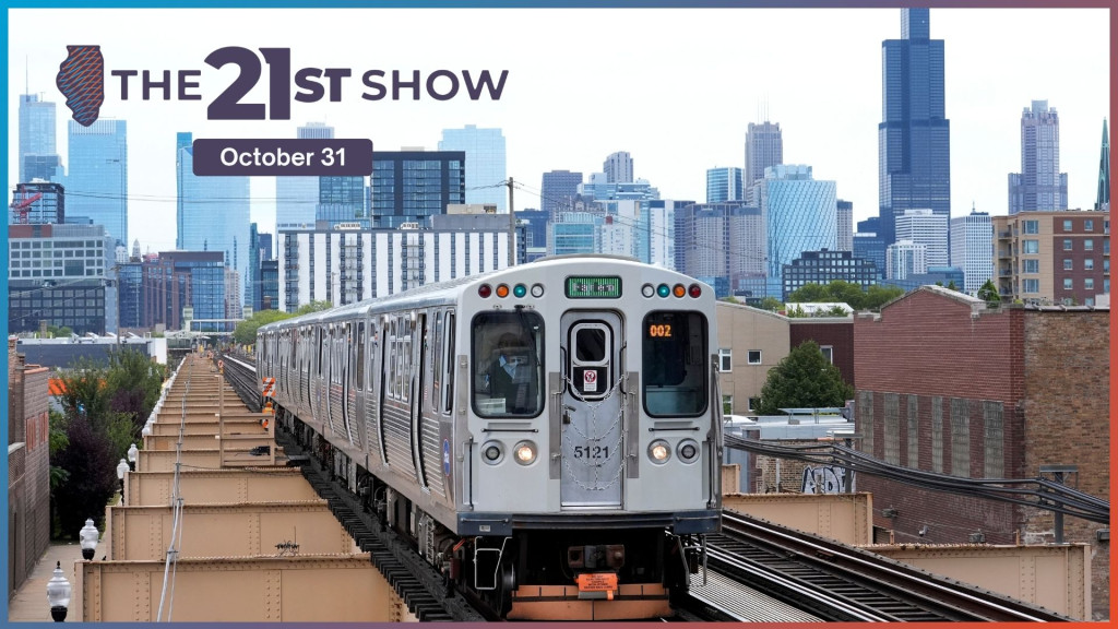 a silver CTA green line train on yellow elevated tracks with the Chicago skyline in the distance, including the Sears Tower