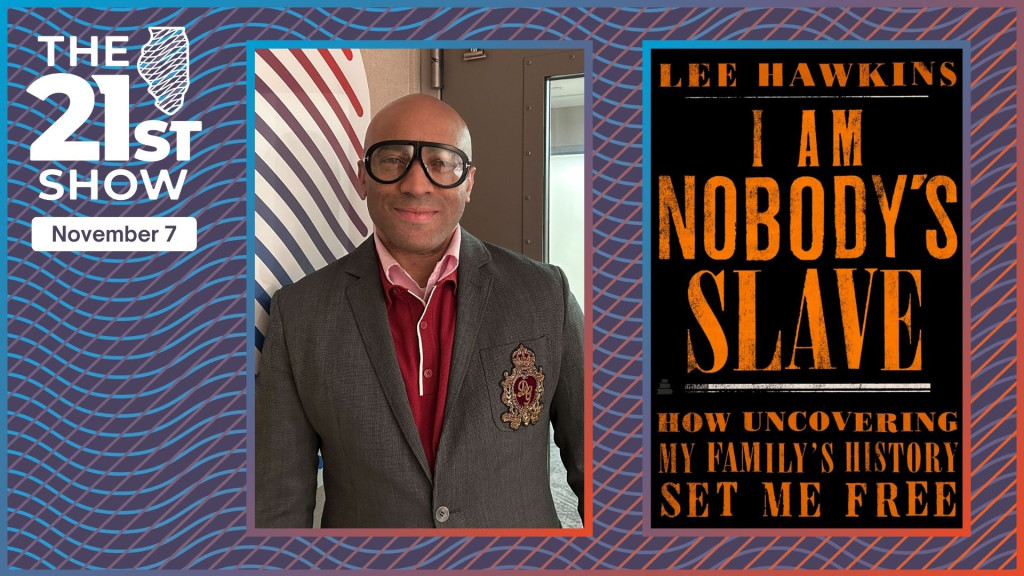 a montage with the book cover (black with orange lettering) and a portrait of Lee Hawkins: he's got a shaved head; large, thick-rimmed glasses; and he's wearing a tweed sport coat with an elaborate Dolce & Gabbana crest embroidered on the breast pocket; the jacket is worn over a red polo shirt, which in turn is worn over a pink button-down shirt