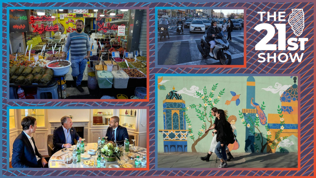 a collage including a man standing in front of a packed display of open food bins, a woman on a silver scooter in front of a line of stopped cars, two women with their hair blowing in the breeze walk past a mural painted on a mint-green backdrop, and three men in suits sitting at a marble table