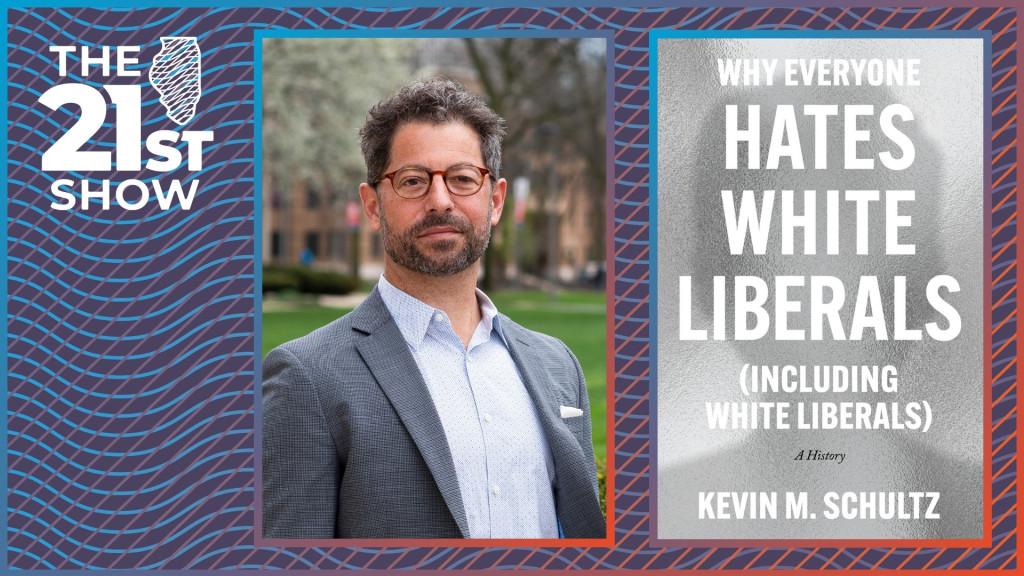 a collage including the book cover and author Kevin Schultz, a white man with salt-and-pepper hair wearing brown glasses, a white and blue dress shirt open at the collar, and a suit jacket with a white pocket square