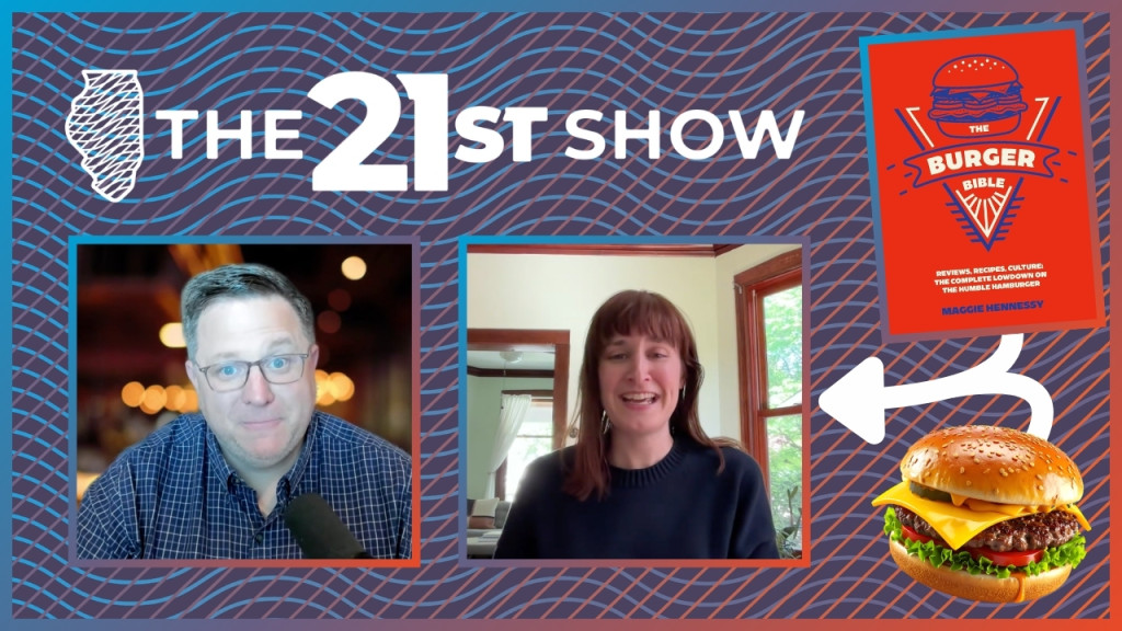 A picture of 21st Host Brian Mackey talking to Maggie Hennessy and a photo of her book “The Burger Bible: The Complete Lowdown on the Humble Hamburger.” 