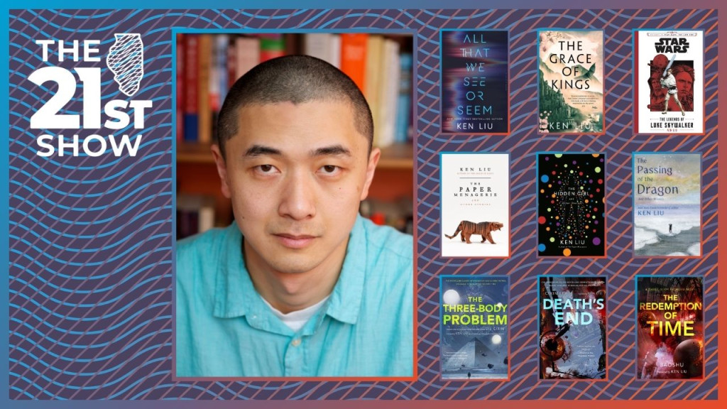 a man of Chinese descent with close-cropped hair wears a teal button-down shirt while staring directly at the camera / next to that is an array of Liu's books, including novels, story collects, and his translation of The Three Body Problem