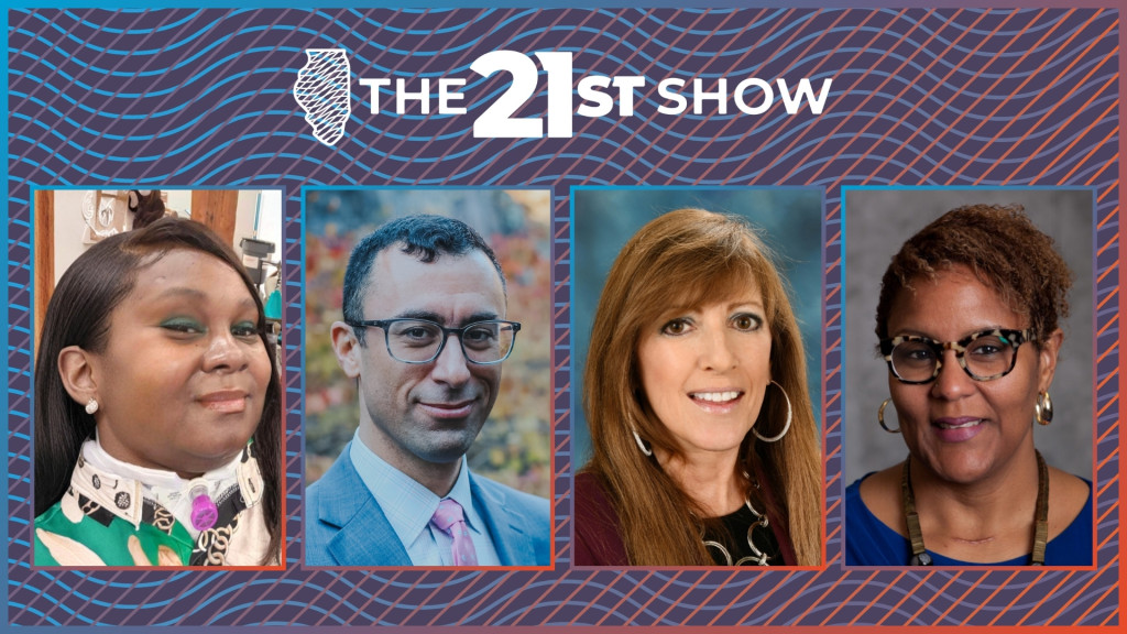 a graphic with four portraits: Ebony Paine is a Black woman with green eye-shadow and wearing a green blouse; a tracheotomy tube is visible at her neck; Matt Vallière is a white man with glasses and he's wearing a light blue suit with a pink necktie; state Senator Linda Holmes is a white woman with long red hair, large hoop earrings and wearing a red blouse; Khadine Bennett is a Black woman wearing tortoise-shell glasses, gold earrings and a blue blouse