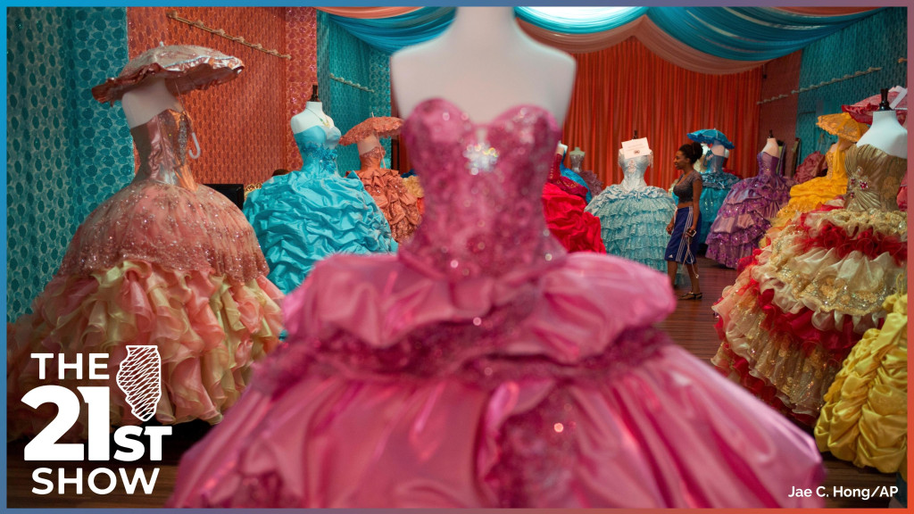 frilly dresses in pink, peach and periwinkle are worn by mannequins in a store with colorful drapery in the backgroud.