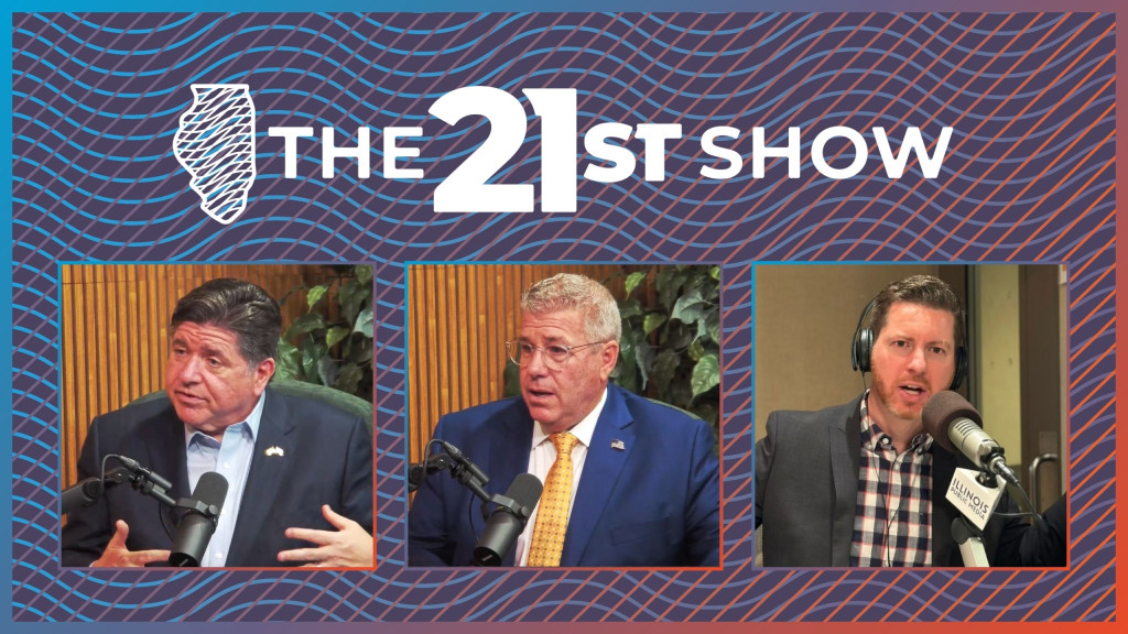 a graphic including inset images of three white men sitting in radio studios talking into microphones