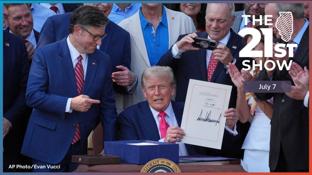 President Donald Trump signs his signature bill of tax breaks and spending cuts at the White House, Friday, July 4, 2025, in Washington, surrounded by members of Congress.