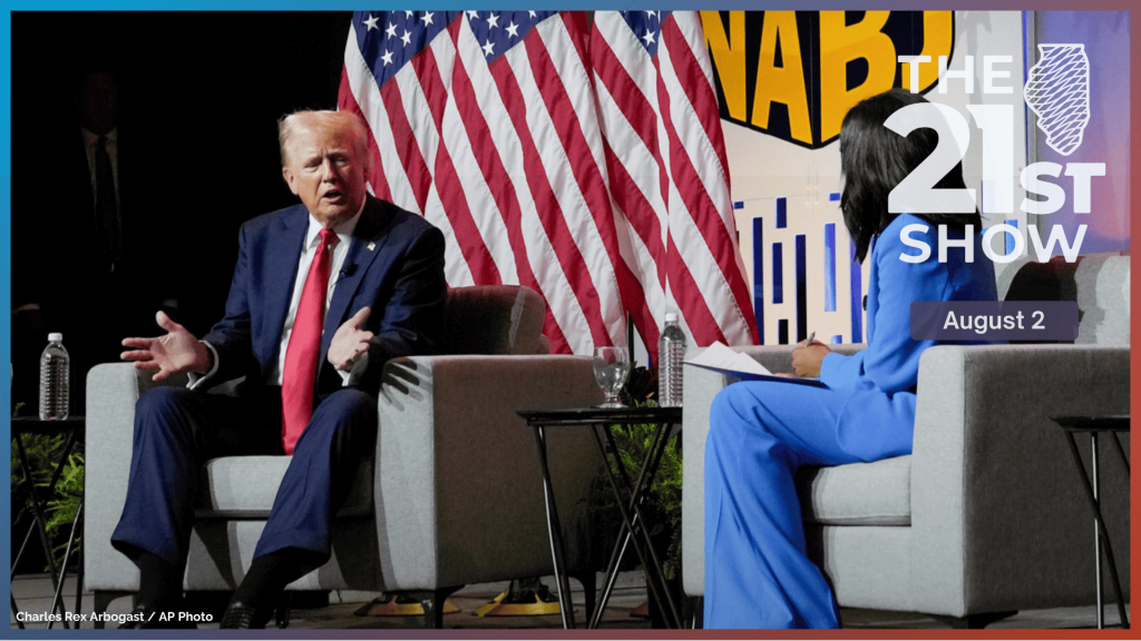 Republican presidential candidate former President Donald Trump, left, moderated by ABC's Rachel Scott, speaks at the National Association of Black Journalists convention, July 31, 2024, in Chicago.