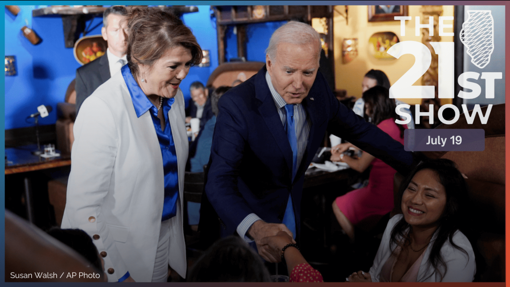 President Joe Biden and Maritza Rodriguez, Biden for President Latina adviser, greets patrons at Linda Michoacan Mexican Restaurant, during a stop in Las Vegas, Wednesday, July 17, 2024.