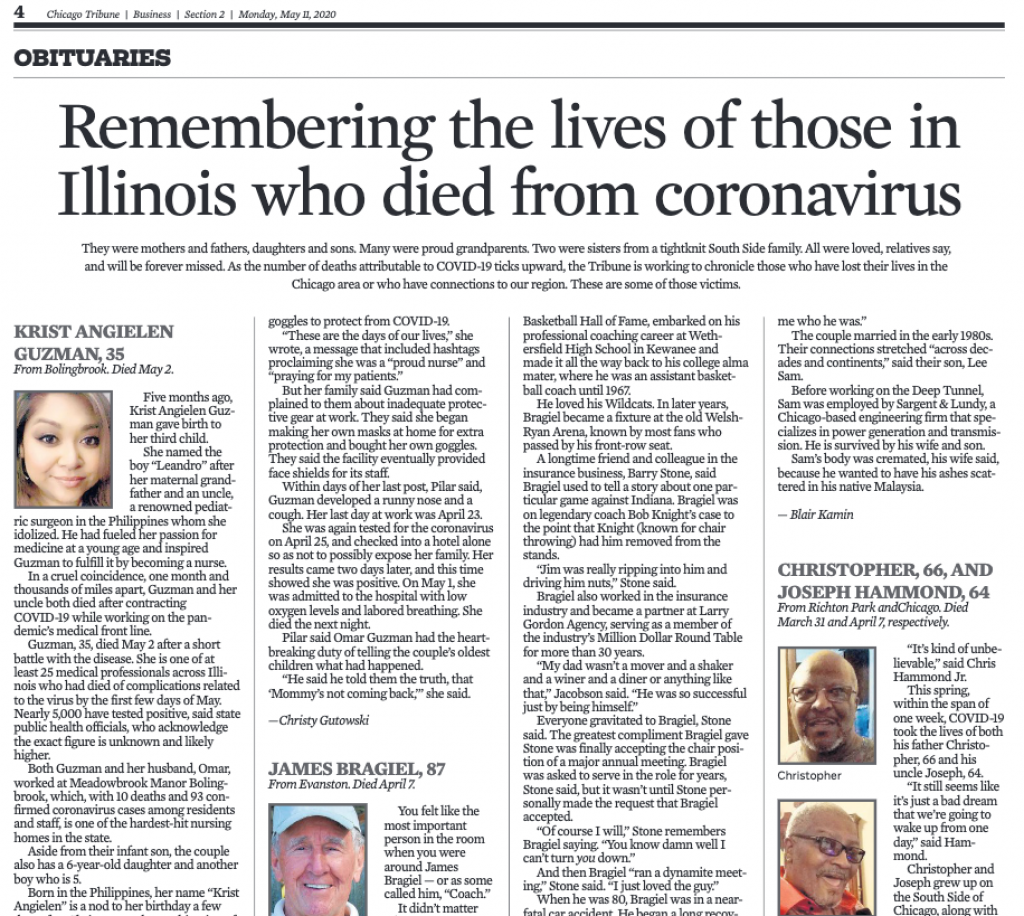 The first page of the obituary section in Monday's Chicago Tribune.