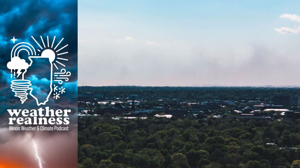 A cloud of blowing dust in Urbana with the State Farm Center and Memorial Stadium in the foreground on the left.