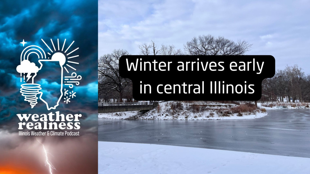 Snow covered Crystal Lake Park in Urbana on December 5, 2025.