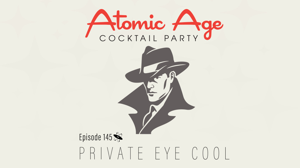 Atomic Age logo with illustration of an illustration of man wearing a hate and trenchcoat. Text reads