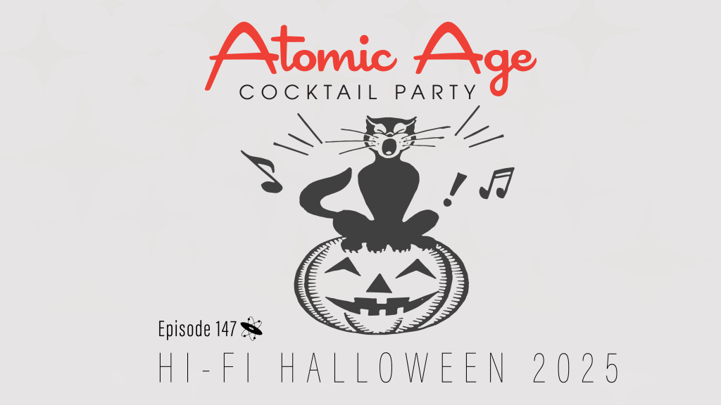 Atomic Age logo with illustration of black cat singing on top of a jack-o'-lantern. Text reads