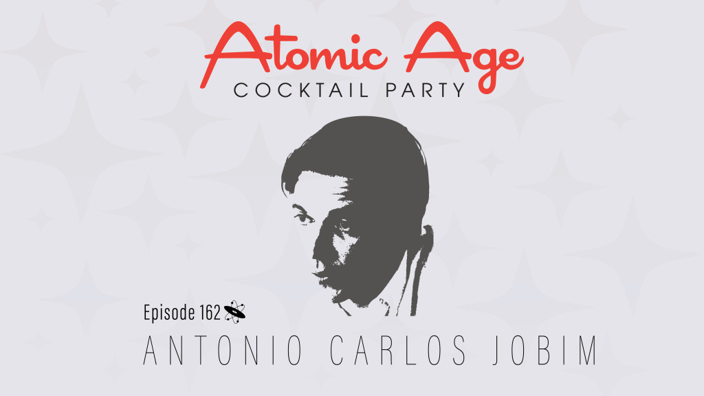 Atomic Age logo with an illustration of a headshot of Antonio Carlos Jobim. Text reads 