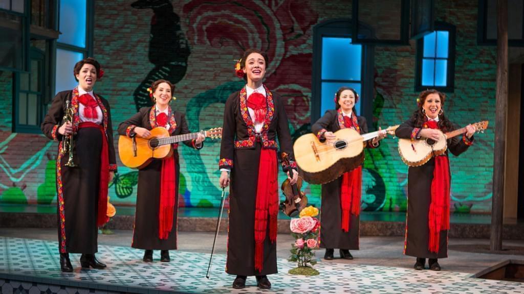 (from left) Amanda Robles, Heather Velazquez, Jennifer Paredes, Natalie Camunas, and Crissy Guerrero in American Mariachi, written by José Cruz González, directed by James Vásquez, in association with Denver Center for the Performing Arts Theatre Company, running March 23 – April 29, 2018 at The Old Globe.