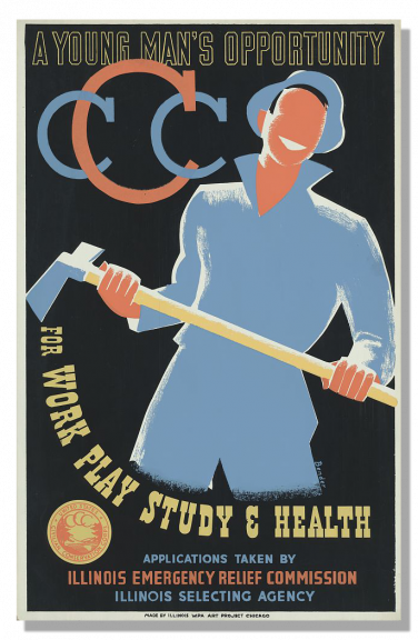 A recruiting poster for the Civilian Conservation Corps, produced by Albert Bender in 1941 under the Illinois WPA Art Project.