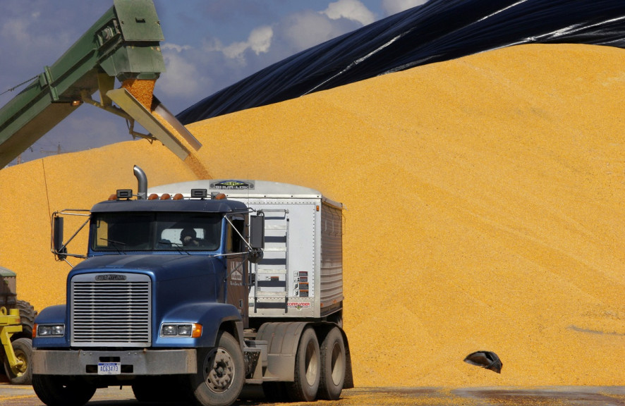 In this photo taken in March 2008, a grain transport truck is loaded with corn in Curran, Ill. 