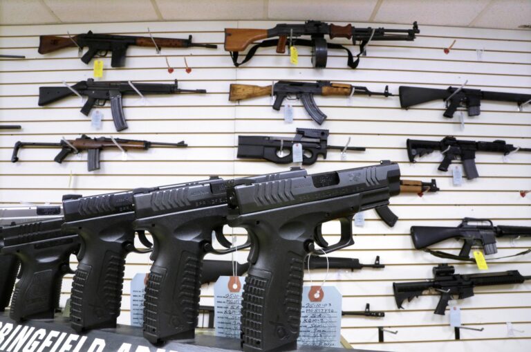 A 2013 file photo of assault weapons and handguns at Capitol City Arms Supply in Springfield, Ill.